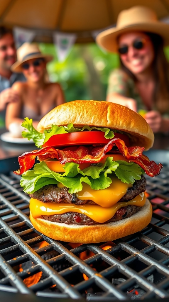 A perfectly grilled juicy burger with cheese, lettuce, and tomato on a bun, set against a lively barbecue backdrop.